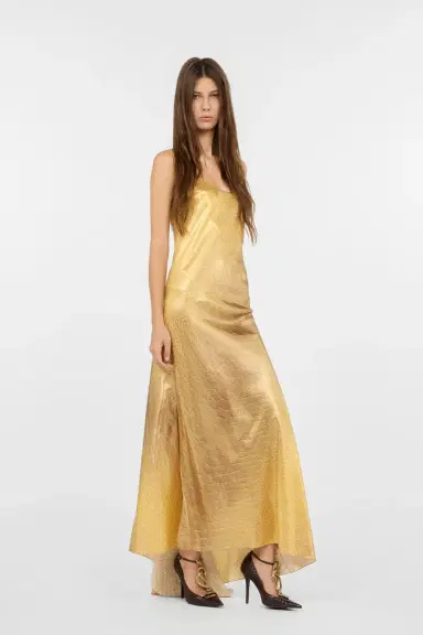 Roberto Cavalli Golden Silk Maxi Dress with Scale Print | Thumbnail 2
