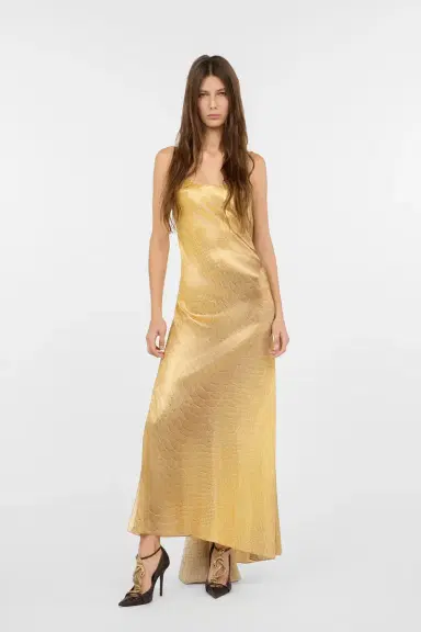 Roberto Cavalli Golden Silk Maxi Dress with Scale Print | Thumbnail 7