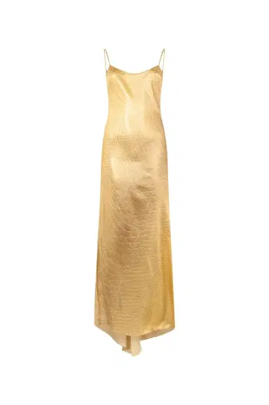 Roberto Cavalli Golden Silk Maxi Dress with Scale Print | Thumbnail 1