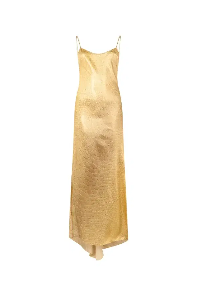 Golden Silk Maxi Dress with Scale Print