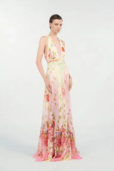 Roberto Cavalli Long Chiffon Dress with Miami Flowers Print | Thumbnail 2