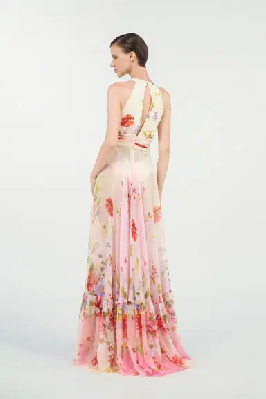 Roberto Cavalli Long Chiffon Dress with Miami Flowers Print | Thumbnail 3