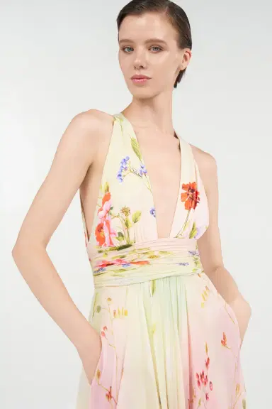 Roberto Cavalli Long Chiffon Dress with Miami Flowers Print | Thumbnail 5