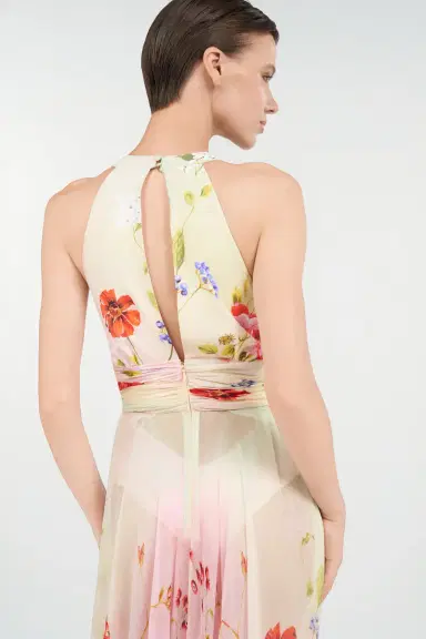 Roberto Cavalli Long Chiffon Dress with Miami Flowers Print | Thumbnail 6