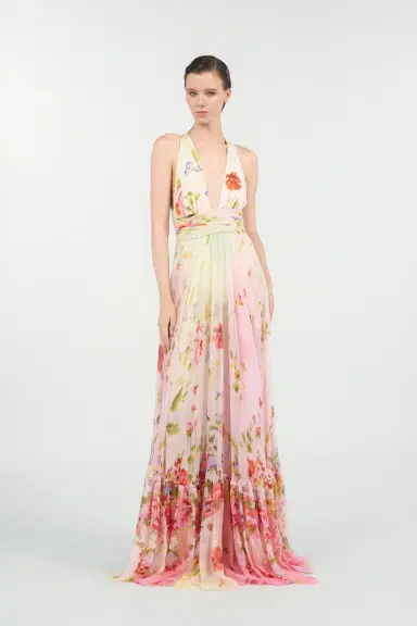 Roberto Cavalli Long Chiffon Dress with Miami Flowers Print | Thumbnail 7