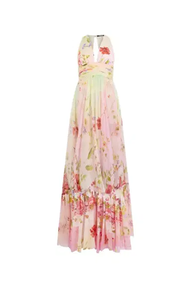 Roberto Cavalli Long Chiffon Dress with Miami Flowers Print | Thumbnail 1