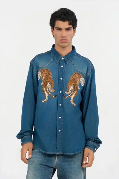 Roberto Cavalli Denim Shirt with Tiger Embroidery | Thumbnail 2