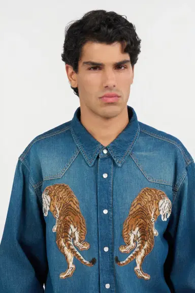 Roberto Cavalli Denim Shirt with Tiger Embroidery | Thumbnail 5