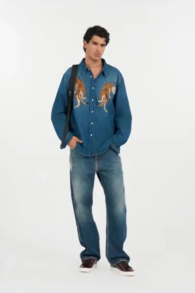 Roberto Cavalli Denim Shirt with Tiger Embroidery | Thumbnail 7