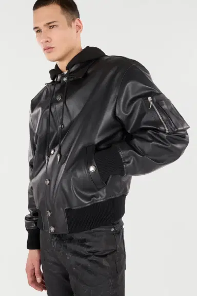 Roberto Cavalli Leather Bomber Jacket With Hood | Thumbnail 4 Roberto Cavalli Leather Bomber Jacket With Hood | Thumbnail 4