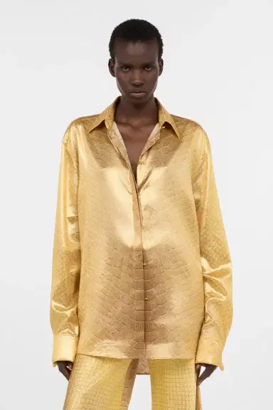 Roberto Cavalli Golden Beige Silk Shirt with Serpentine Print | Thumbnail 2 Roberto Cavalli Golden Beige Silk Shirt with Serpentine Print | Thumbnail 2
