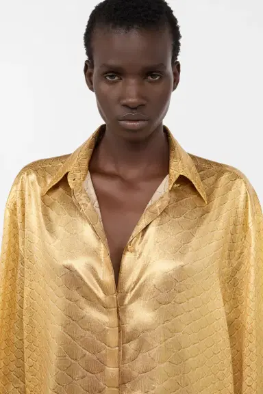 Roberto Cavalli Golden Beige Silk Shirt with Serpentine Print | Thumbnail 5 Roberto Cavalli Golden Beige Silk Shirt with Serpentine Print | Thumbnail 5