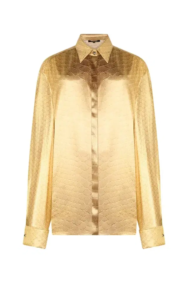 Golden Beige Silk Shirt with Serpentine Print