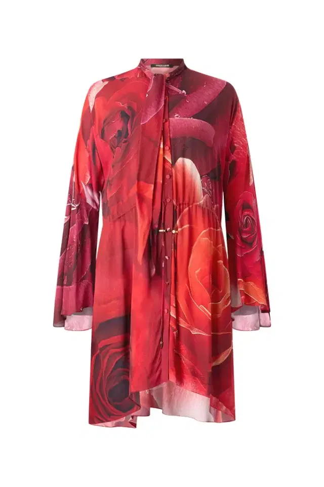 Roberto Cavalli Rose-Print Mini Dress With Pussy-Bow