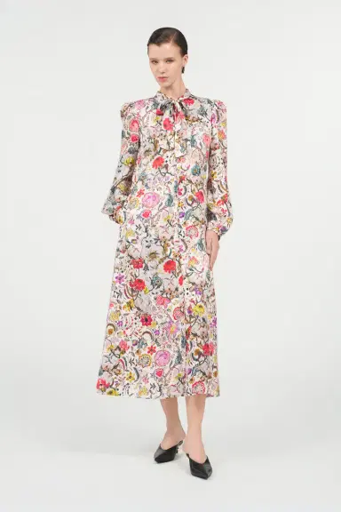 Roberto Cavalli Long Silk Dress with Florentine Flowers Print | Thumbnail 7