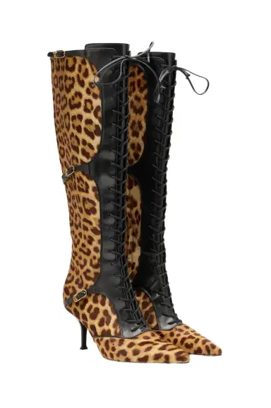 Roberto Cavalli Pointed Lace-Up Boots With Leopard Skin | Thumbnail 1
