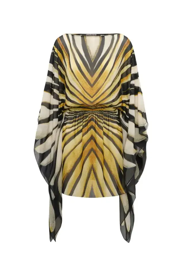 Roberto Cavalli Ray Of Gold Print Kaftan Dress Silk