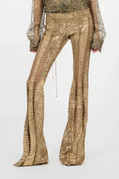Roberto Cavalli Gold Leather Pants with Python Print and Cut-Out Details | Thumbnail 2