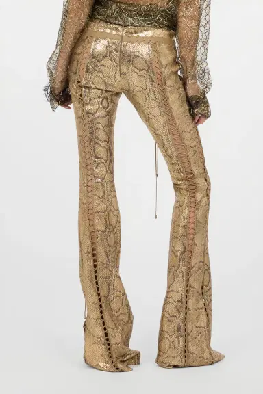 Roberto Cavalli Gold Leather Pants with Python Print and Cut-Out Details | Thumbnail 3