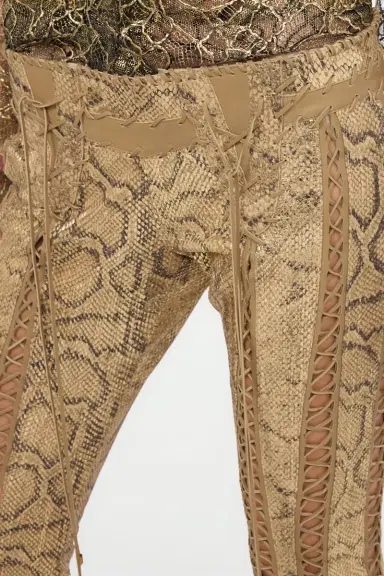 Roberto Cavalli Gold Leather Pants with Python Print and Cut-Out Details | Thumbnail 5