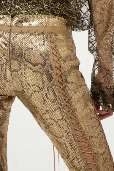 Roberto Cavalli Gold Leather Pants with Python Print and Cut-Out Details | Thumbnail 6