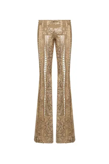 Roberto Cavalli Gold Leather Pants with Python Print and Cut-Out Details | Thumbnail 1