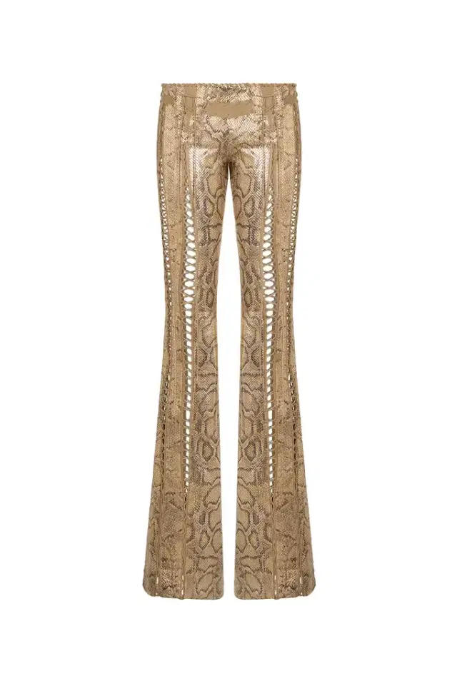 Roberto Cavalli Gold Leather Pants with Python Print and Cut-Out Details