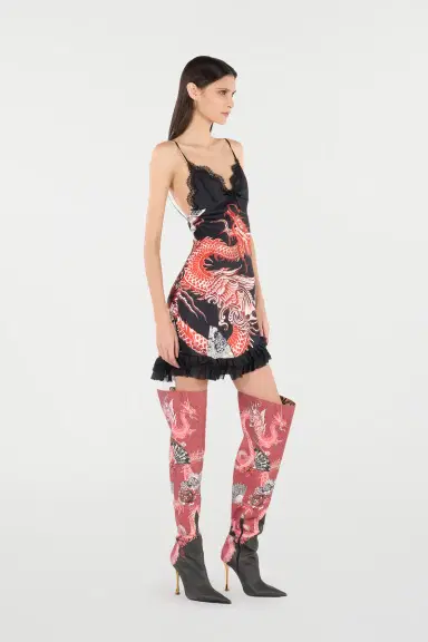 Roberto Cavalli Silk Mini Dress With Dragon And Ruches | Thumbnail 2 Roberto Cavalli Silk Mini Dress With Dragon And Ruches | Thumbnail 2
