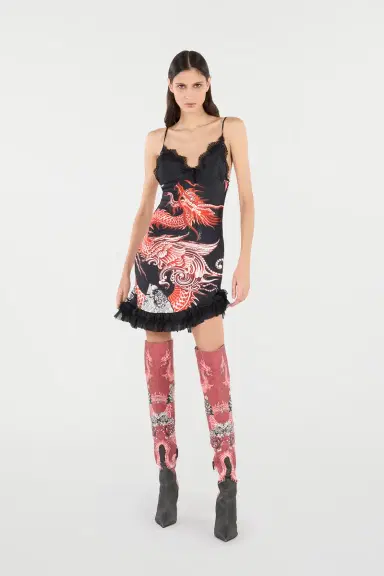Roberto Cavalli Silk Mini Dress With Dragon And Ruches | Thumbnail 7 Roberto Cavalli Silk Mini Dress With Dragon And Ruches | Thumbnail 7