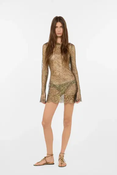 Roberto Cavalli Black and Gold See-Through Mini Dress with Embroidery | Thumbnail 7
