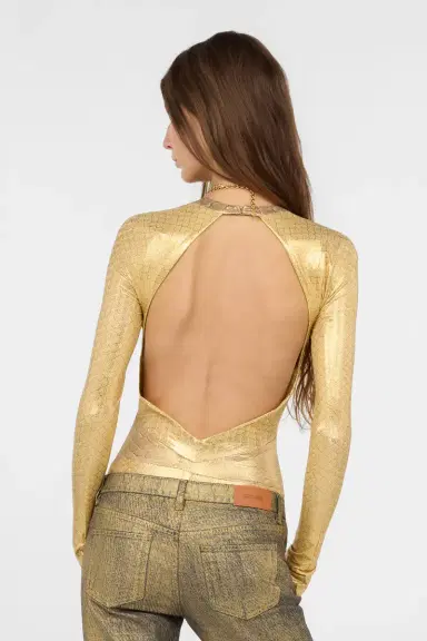 Roberto Cavalli Golden Beige Bodysuit with Serpentine Print | Thumbnail 3