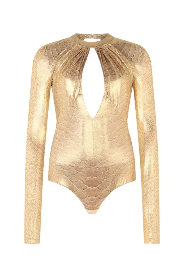 Roberto Cavalli Golden Beige Bodysuit with Serpentine Print