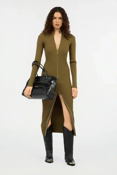 Roberto Cavalli Green Ribbed-Knit Zip-Front Midi Dress | Thumbnail 6 Roberto Cavalli Green Ribbed-Knit Zip-Front Midi Dress | Thumbnail 6