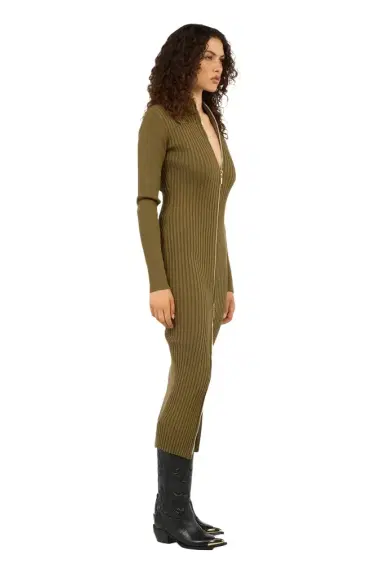 Roberto Cavalli Green Ribbed-Knit Zip-Front Midi Dress | Thumbnail 1 Roberto Cavalli Green Ribbed-Knit Zip-Front Midi Dress | Thumbnail 1