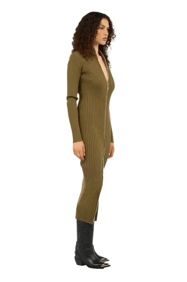 Roberto Cavalli Green Ribbed-Knit Zip-Front Midi Dress