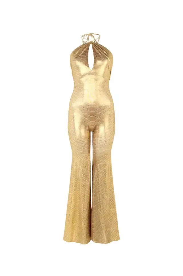 Golden Beige Jumpsuit with Serpentine Print