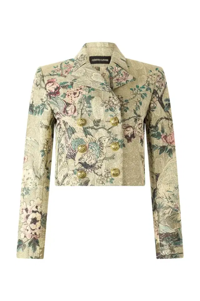 Roberto Cavalli Cropped Jacket With Oriental Bird Print