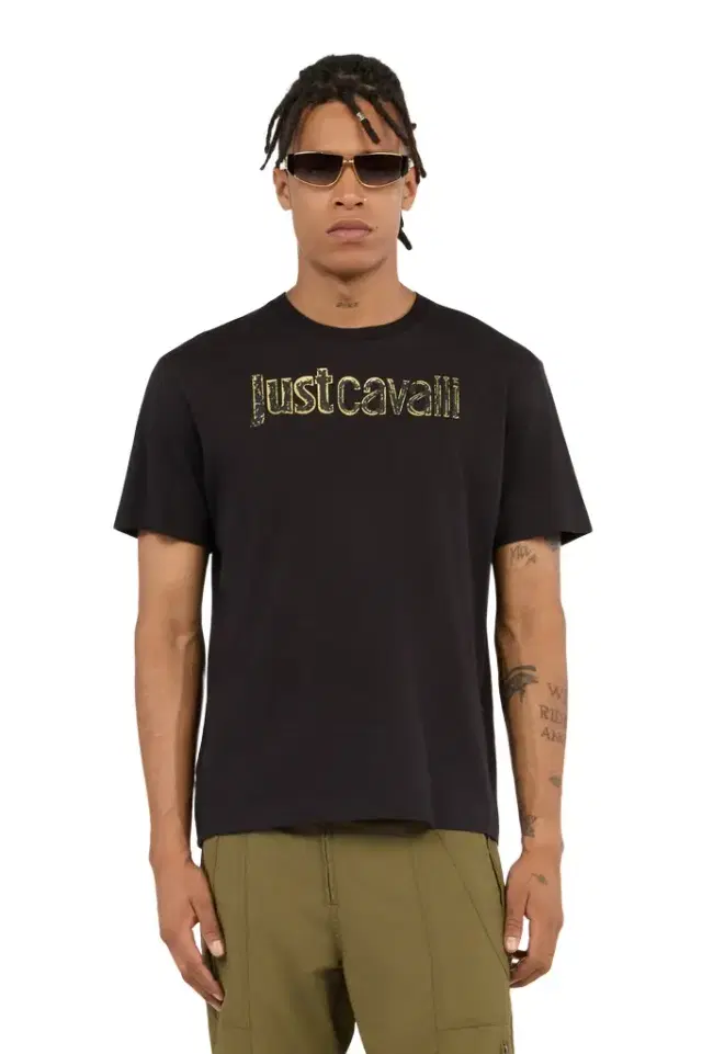Roberto Cavalli Black T-Shirt With Gold Logo