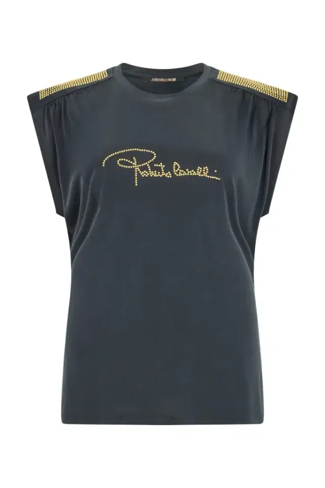 Roberto Cavalli Anthracite T-Shirt With Studded Shoulders