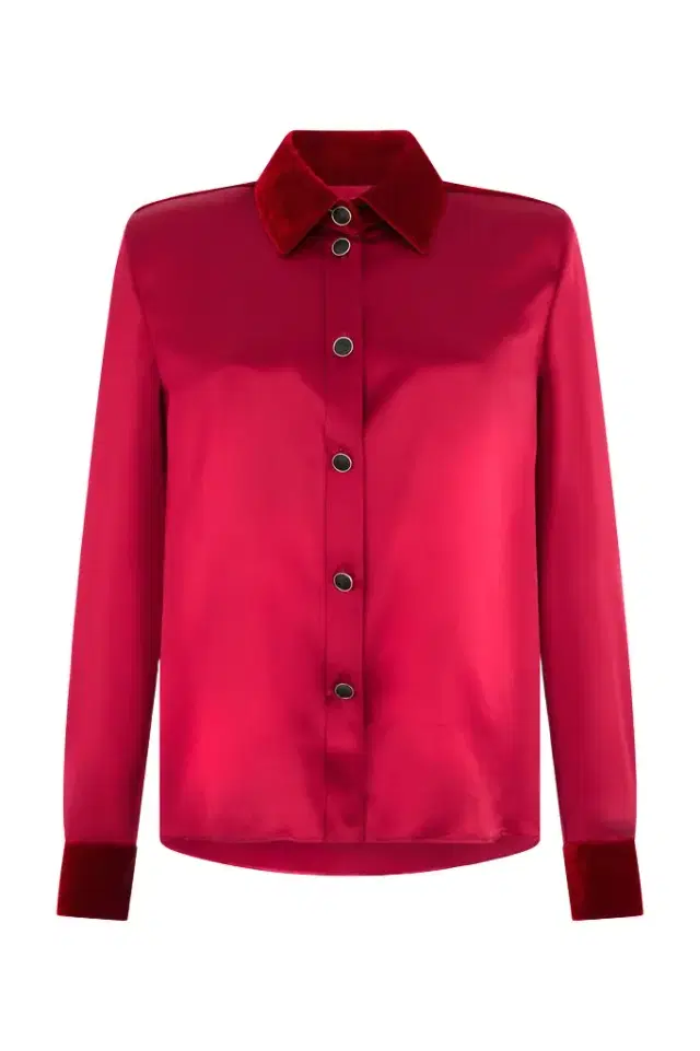Roberto Cavalli Dark Red Silk Shirt With Velvet Inserts