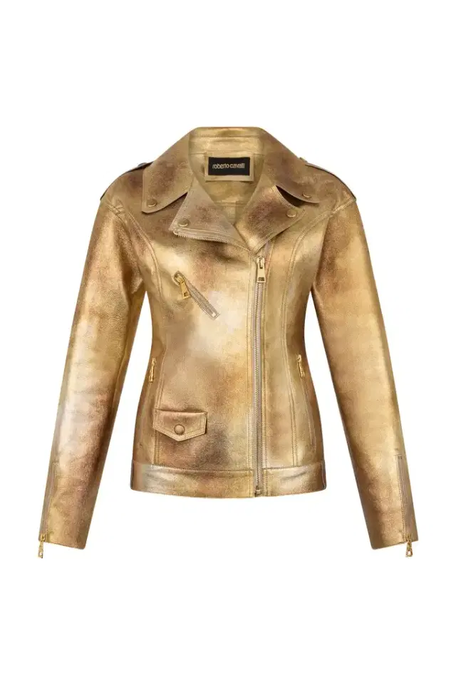 Roberto Cavalli Gold Laminated Leather Biker Jacket