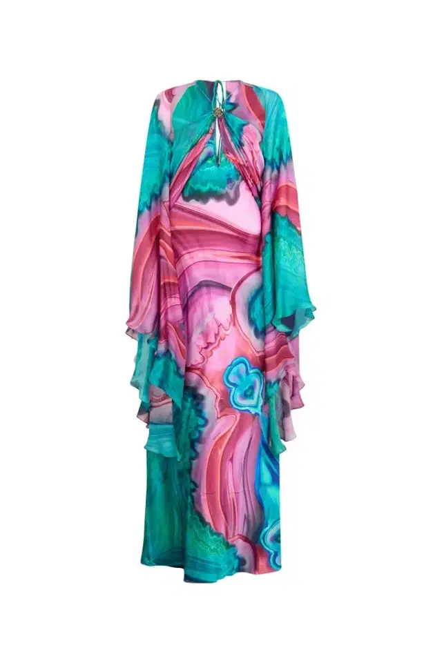 Roberto Cavalli Long silk dress with cut-out and multicolor marble print