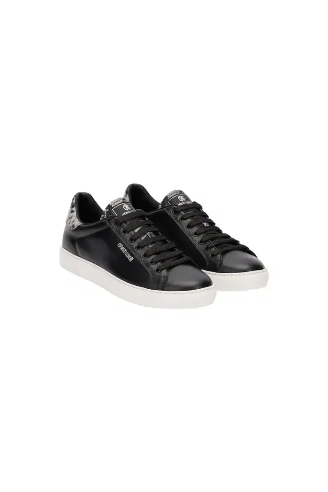 Roberto Cavalli Black Leather Sneaker With Snakeskin-Effect Detail