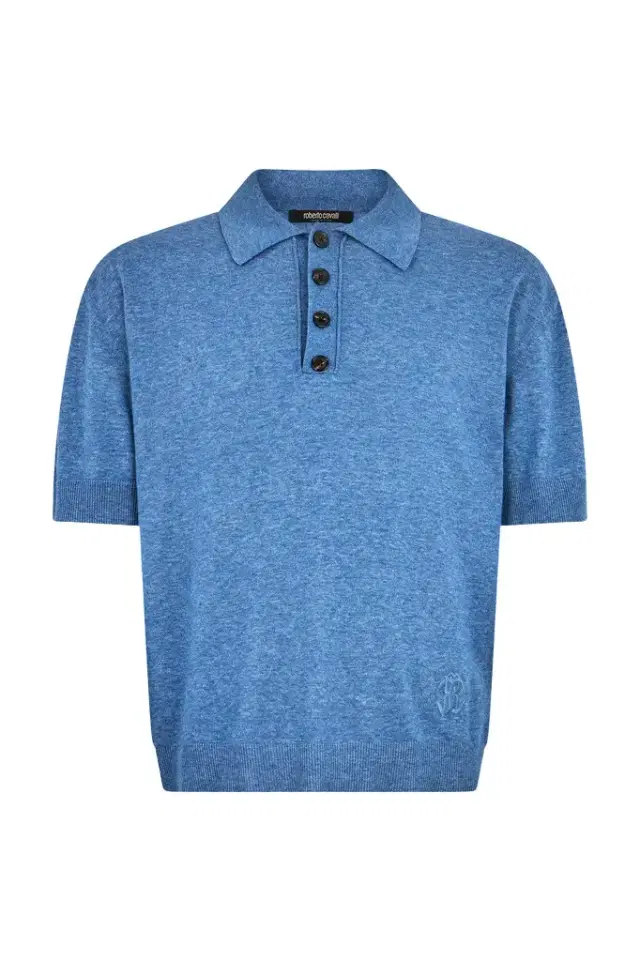Blue Knit Polo Shirt with Embroidered Logo