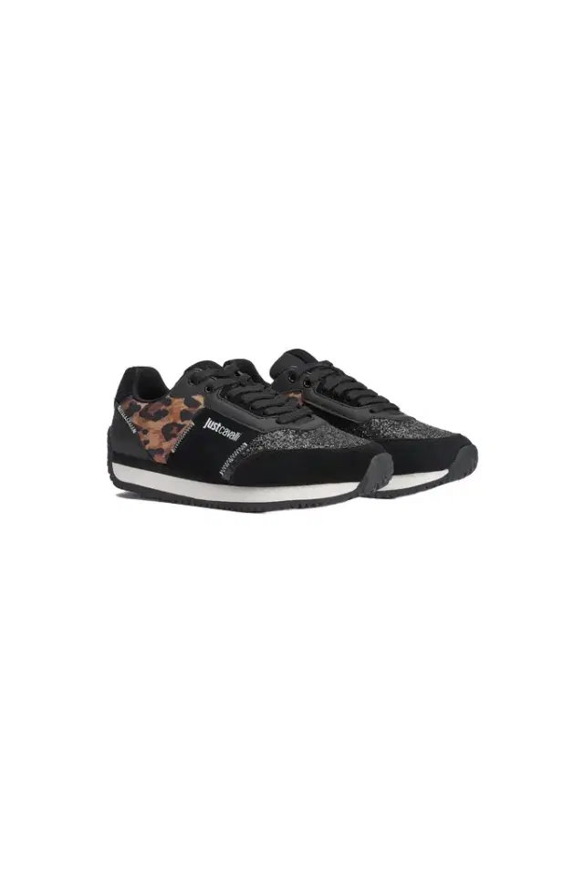 Roberto Cavalli Black Sneakers with Jaguar Skin and Glitter Insert
