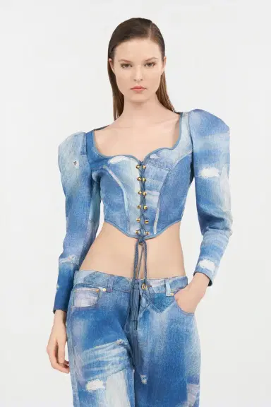 Roberto Cavalli Denim Patchwork-Effect Corset with Lacing | Thumbnail 2