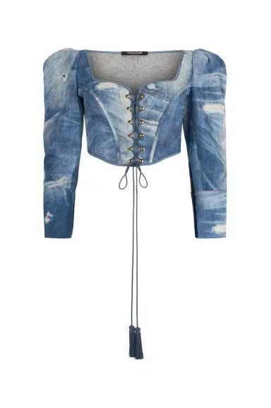 Roberto Cavalli Denim Patchwork-Effect Corset with Lacing | Thumbnail 1