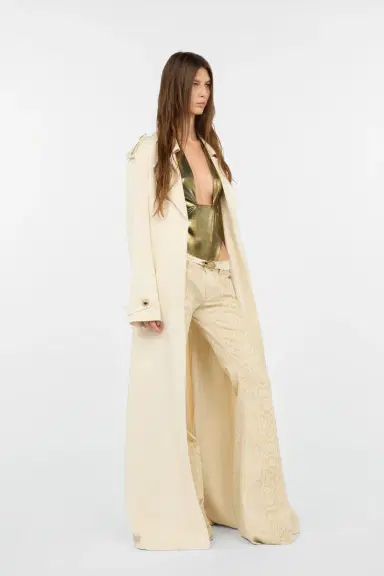 Roberto Cavalli Extra-Long Ivory Trench Coat with Pleated Detailing | Thumbnail 2 Roberto Cavalli Extra-Long Ivory Trench Coat with Pleated Detailing | Thumbnail 2