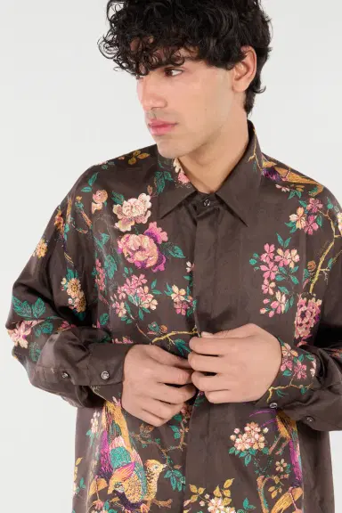Roberto Cavalli Silk Shirt With Oriental Bird Print | Thumbnail 5