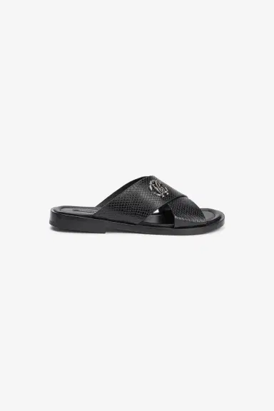 Roberto Cavalli Black Slide Sandals in Snake-Effect Leather | Thumbnail 2